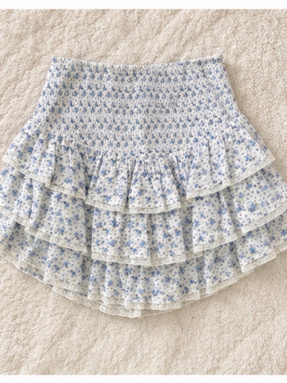 LoveShackFancy Blue and White Ruffle Mini Skirt